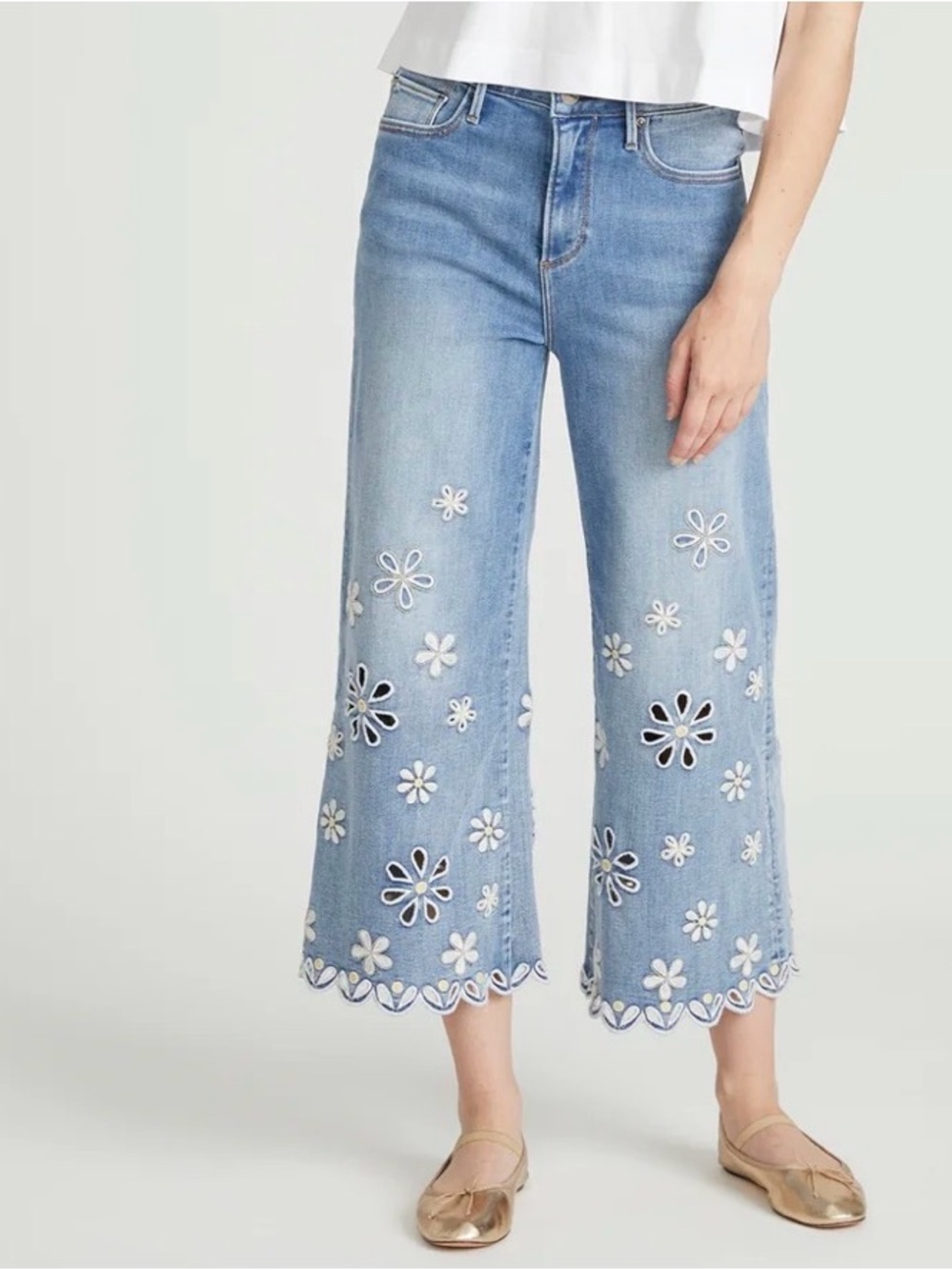 Martha Crop - Doily Daisy Embroidered Light Blue Cropped Wide-Leg Jeans